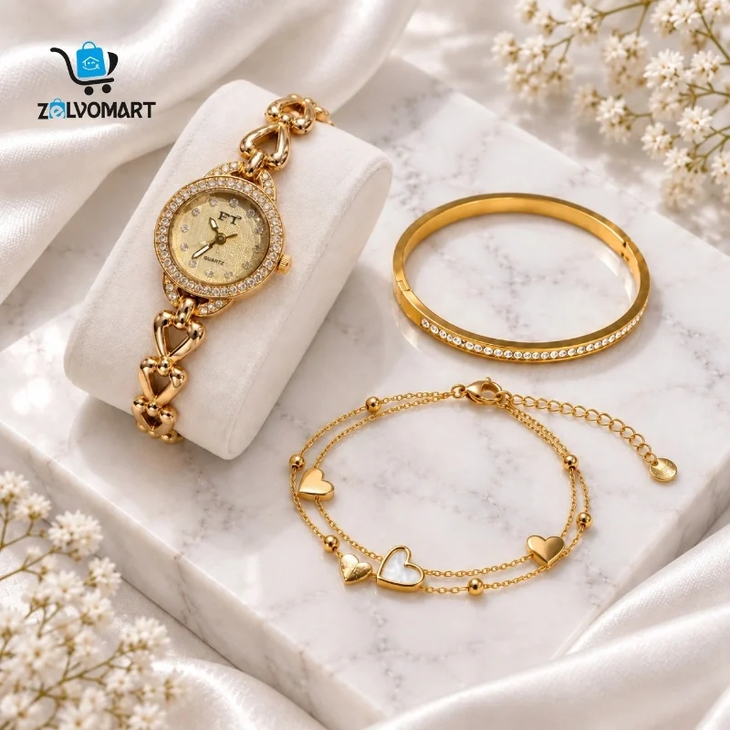 Watch and two different bracelets on marble with flowers