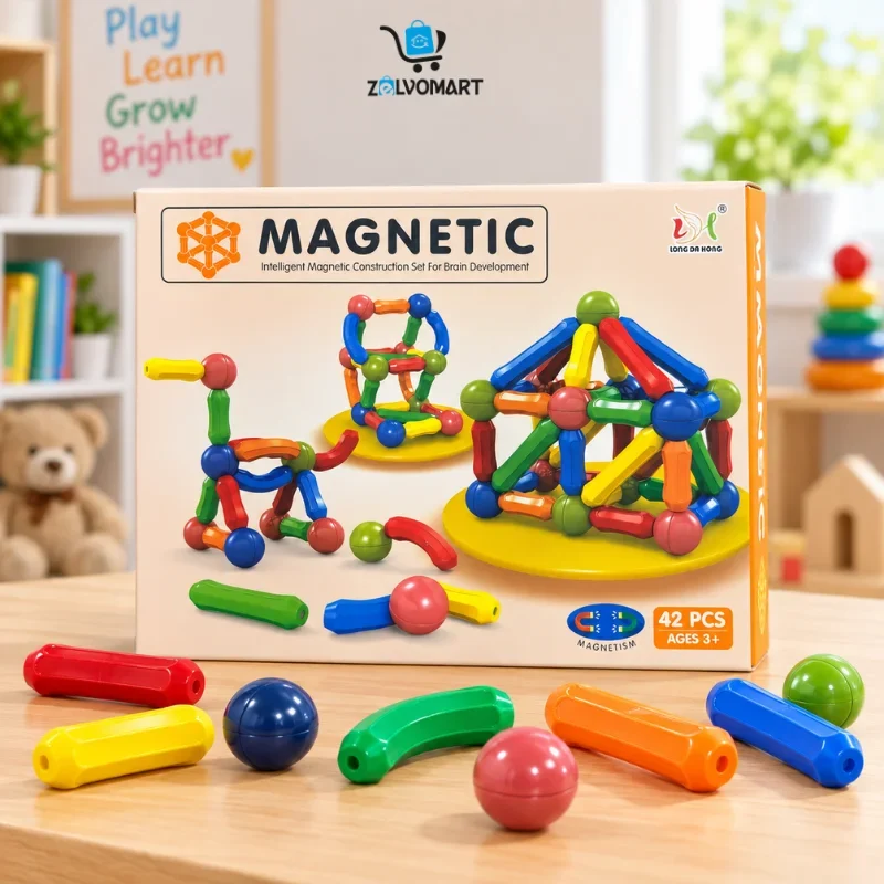 42-piece magnetic building blocks set with a built tower