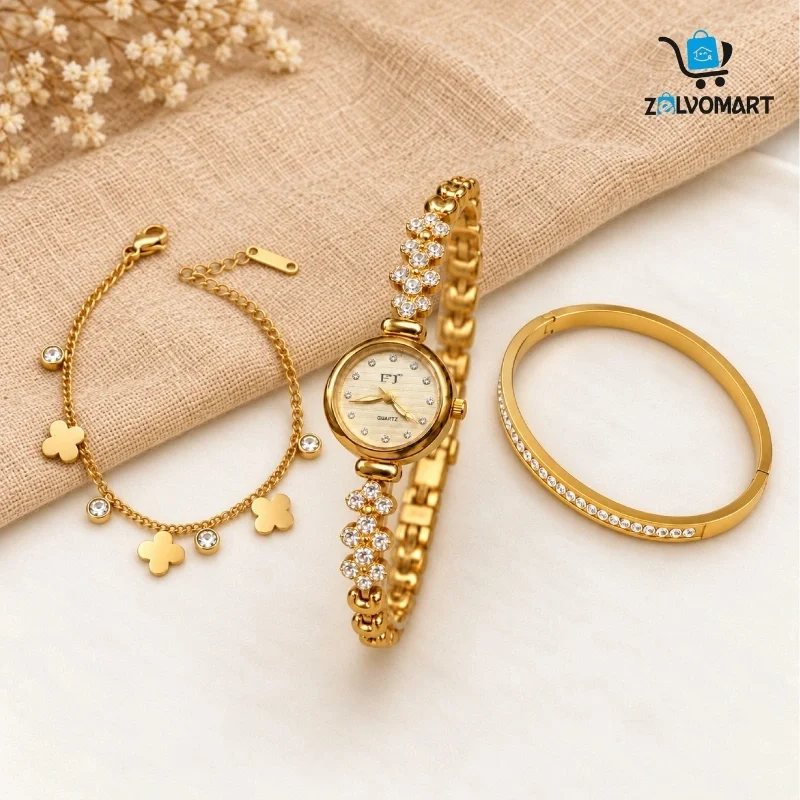 Stainless steel bangle, bracelet and watch set on linen
