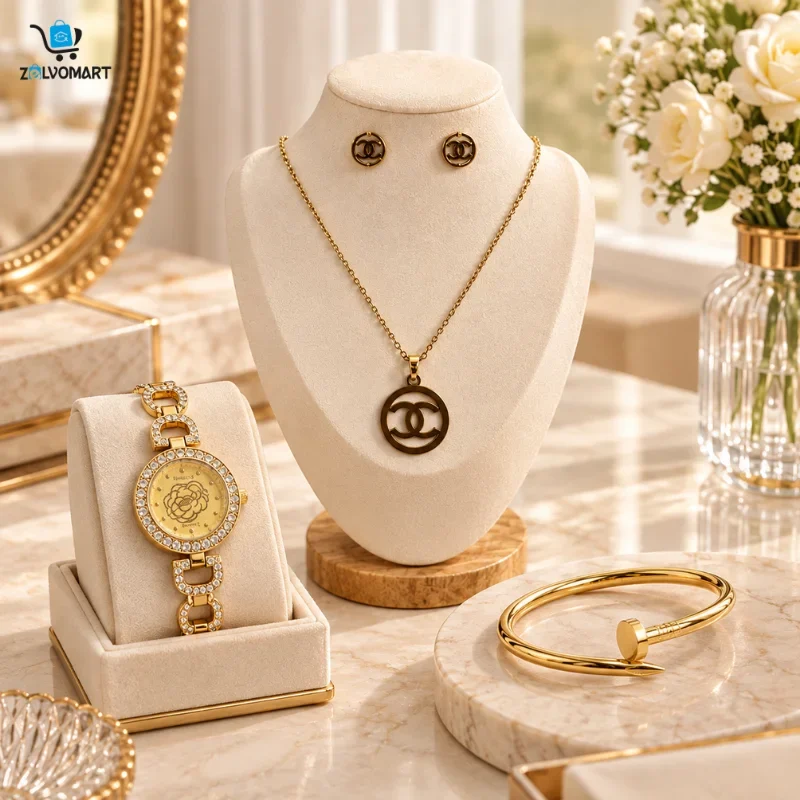 Watch, necklace, earrings and bangle jewellery set on display