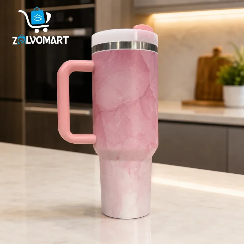 Pink marble insulated tumbler with handle and straw