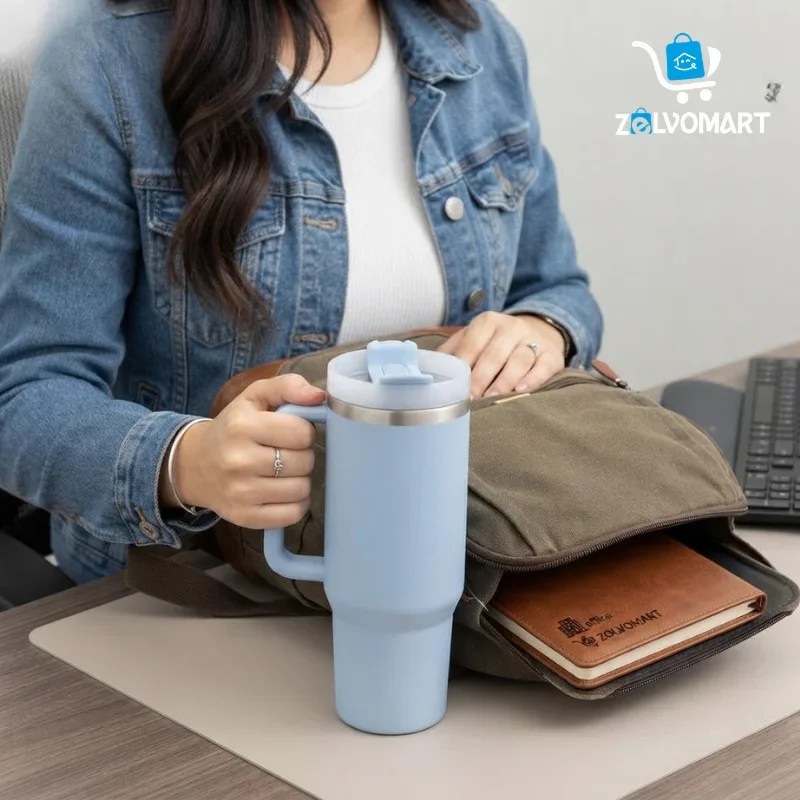 Sky blue insulated tumbler with handle held outdoors